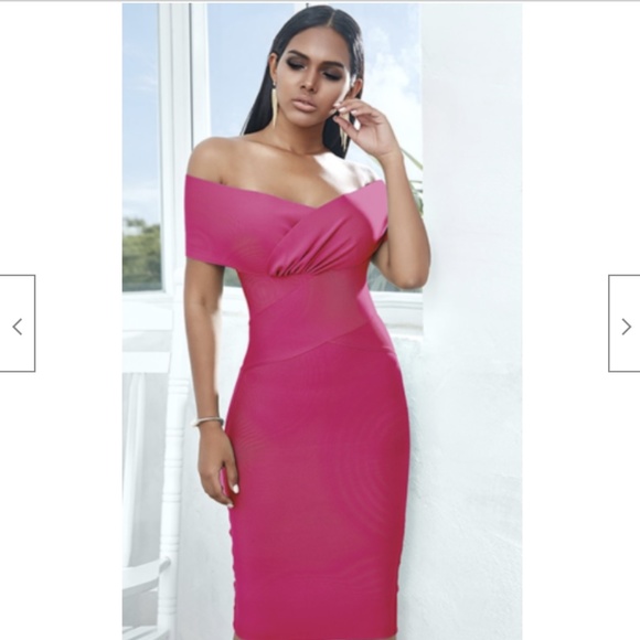 NEW OFF THE SHOULDER BARDOT BANDAGE DRESS MARGOT ROBBIE NAOMI DRESS MAGENTA PINK - Picture 5 of 10